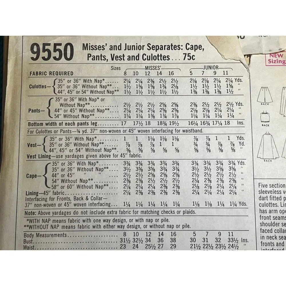 McCalls 9550 pattern top pants short cape 1970s size 5